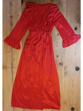 Vtg Texsheen Maxi Nightgown S Pegnoir Red Nylon Ruffle Tie Gown Robe Elegant